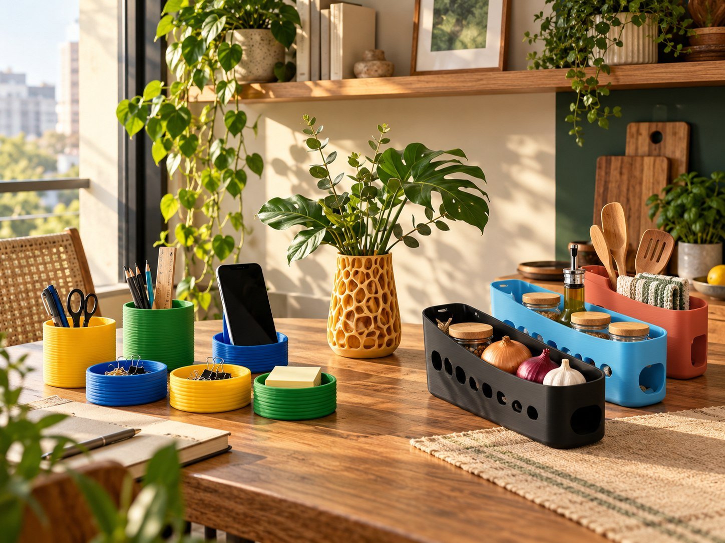 Acessórios de mesa coloridos, vaso geométrico e cestos de arrumação impressos em 3D